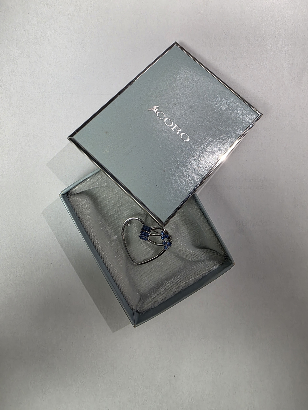 Vintage Coro Silver Heart Brooch with Blue Accents